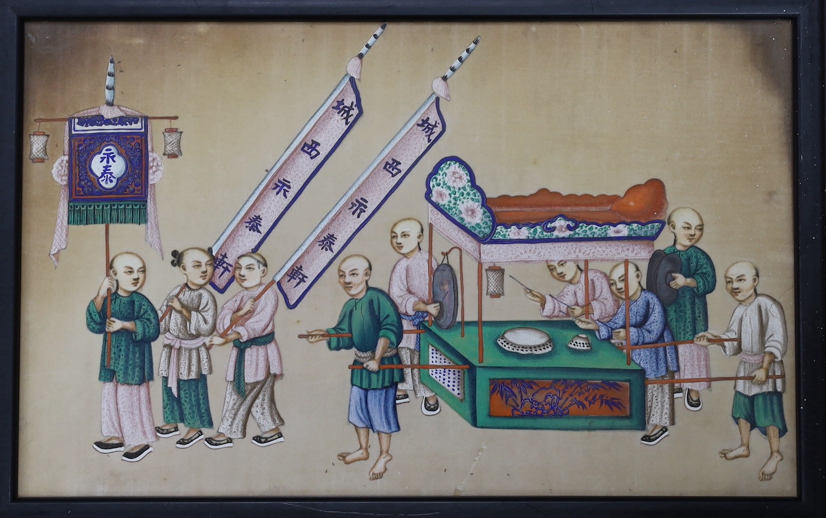 19th century Chinese School, six gouache on pith paper, Figures in a procession, 19.5 x 31cm